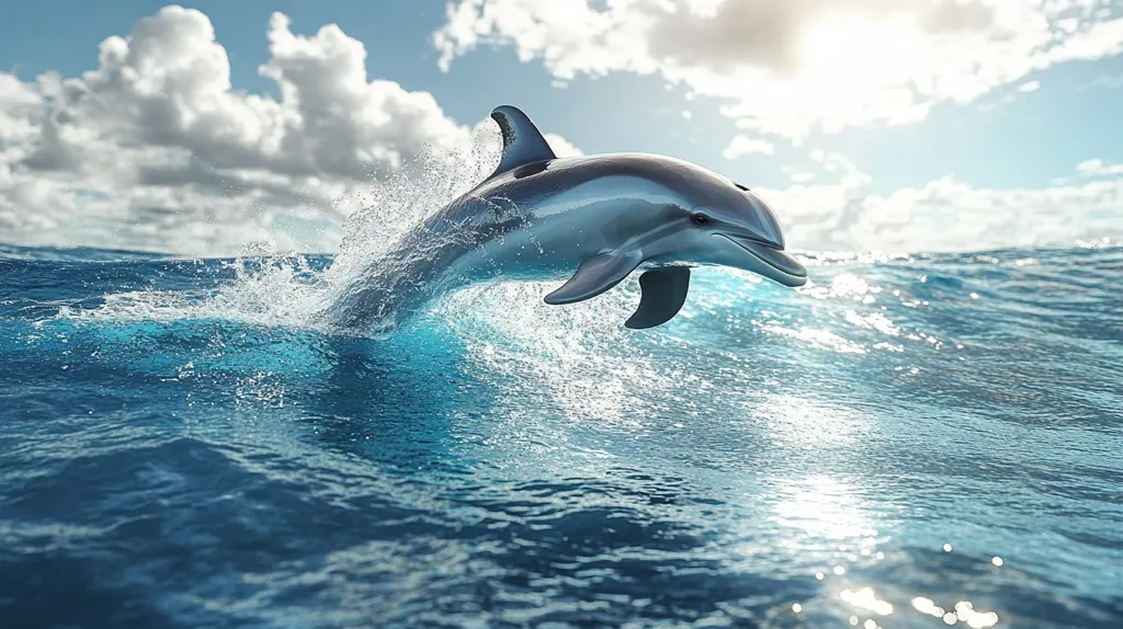 A sleek, dark-grey dolphin leaps from the ocean, its body arched gracefully as it breaks the surface.  Sunlight glints off the water, creating sparkling highlights.  Whitecaps and spray surround the dolphin, adding to the dynamic energy of the image.  A bright, partly cloudy sky forms a dramatic backdrop to the scene of this magnificent marine creature in its natural habitat.