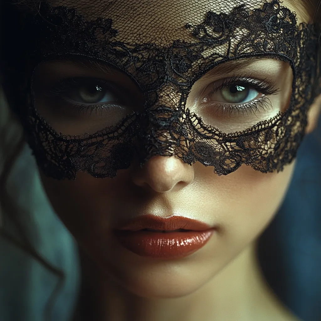 Close-up portrait of a woman wearing an intricate black lace mask that partially obscures her eyes and upper face. Her lips are painted a rich, reddish-brown. The lighting is dramatic, highlighting the texture of the lace and her skin, creating a mysterious and alluring mood.  The background is dark and out of focus, drawing attention to the woman's face and the mask.