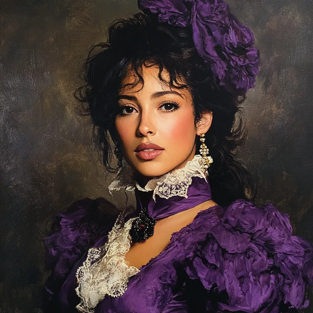Here's a description of the image:

The painting depicts a young woman in a richly colored, purple, Victorian-style gown.  Her dark hair is styled elaborately with a large purple flower ornament. She wears delicate lace at her neck and wrists, complemented by dangling pearl earrings. The woman's expression is serious and her gaze is direct, creating a sense of regal poise.  The artist uses a painterly style with visible brushstrokes, particularly noticeable in the texture of the dress and background, lending a classic, almost old-master quality to the portrait.  The overall effect is one of elegant beauty and timeless style.