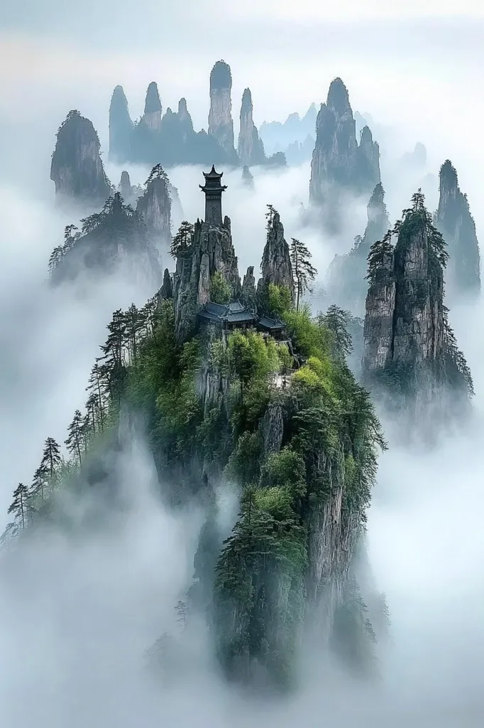 A misty mountaintop scene showcases a cluster of towering, craggy peaks shrouded in fog.  Lush greenery clings to the rocky surfaces, while a traditional-style pagoda-like structure stands prominently atop one peak.  The scene is serene and ethereal, with the fog creating a mystical atmosphere among the dramatic rock formations.  The image suggests a remote, possibly sacred location, possibly in China.