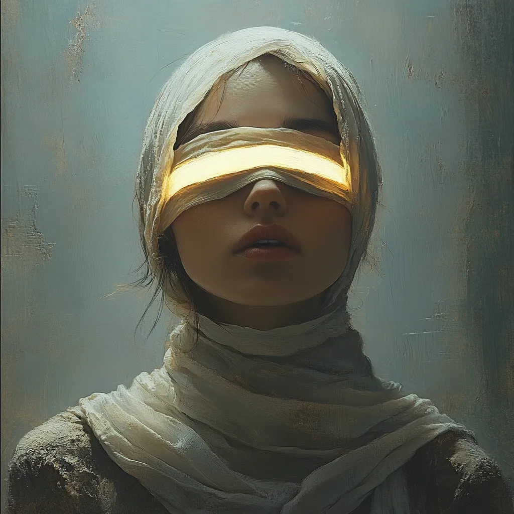 The artwork depicts a young woman shrouded in a light-colored, flowing fabric that covers her head and shoulders.  A band of bright, glowing light illuminates the area over her eyes, which are concealed beneath the fabric. Her expression is serene and solemn, her lips slightly parted. The background is a muted, textured grey-blue, creating a stark contrast with the warm glow of the light band. The overall style suggests a blend of realism and fantasy, creating a mysterious and somewhat ethereal atmosphere.