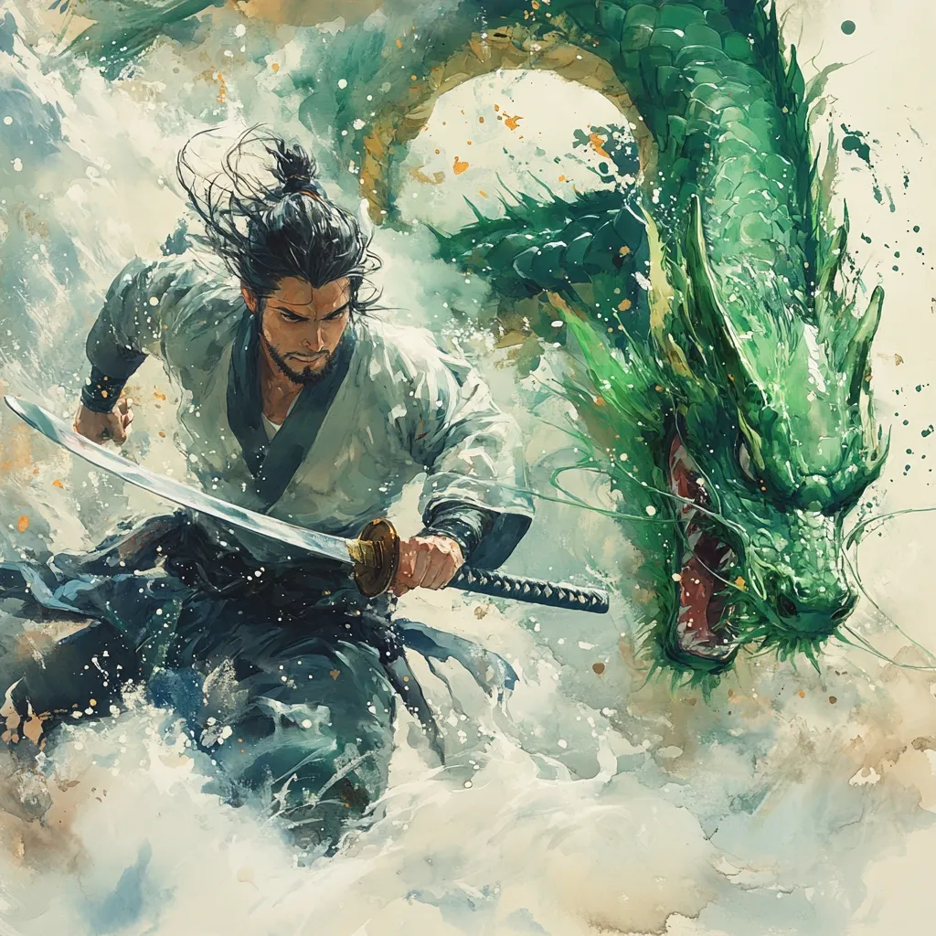 The painting depicts a samurai, hair streaming behind him, running through churning water, his katana drawn. He's clad in a flowing, light-grey kimono over dark trousers.  Beside him, a vibrant green dragon, its head in the foreground, seems to be part of the tumultuous waters.  The style is painterly and evocative, utilizing splashes of color and textured brushstrokes to create a dynamic, almost mythical scene. The overall mood is one of action and powerful forces at play.
