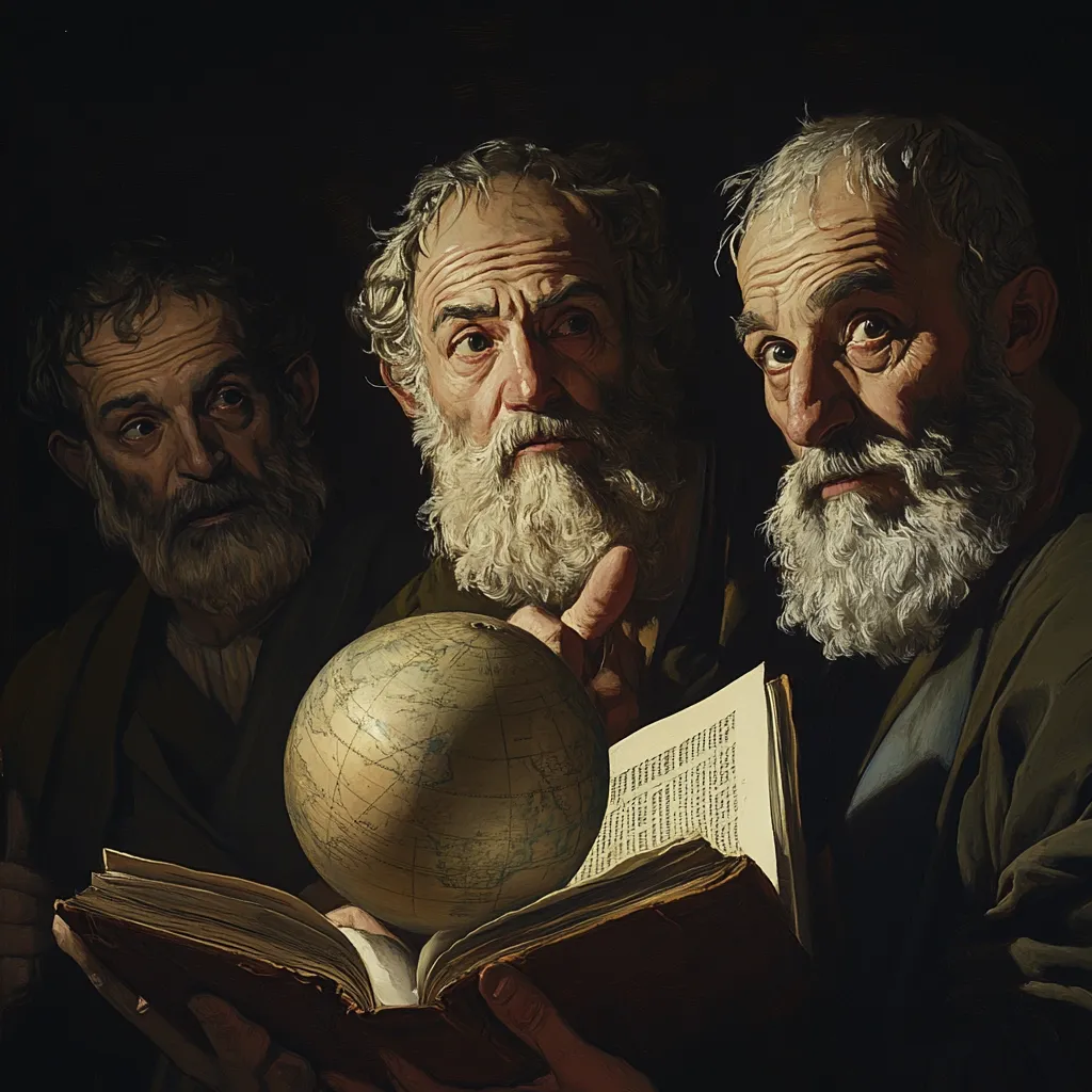 The painting depicts three aged men, deeply engrossed in study.  Two bearded men flank a central figure, who gestures towards a terrestrial globe resting on an open book.  The men’s expressions are serious and contemplative, suggesting scholarly pursuit. The chiaroscuro technique, with its dramatic use of light and shadow, emphasizes the figures and creates a sense of intimacy and profound intellectual engagement. The scene evokes a feeling of historical significance and the pursuit of knowledge.