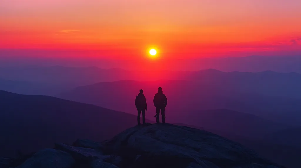 Two silhouetted figures stand on a rocky mountain peak, gazing at a vibrant sunset.  The sun, a fiery orange orb, is positioned low in the sky, casting a warm, reddish-pink glow across layers of hazy mountains stretching to the horizon. The scene is serene and dramatic, conveying a sense of awe and solitude in the vastness of nature. The deep purples and blues of the mountains contrast beautifully with the intense sunset hues.