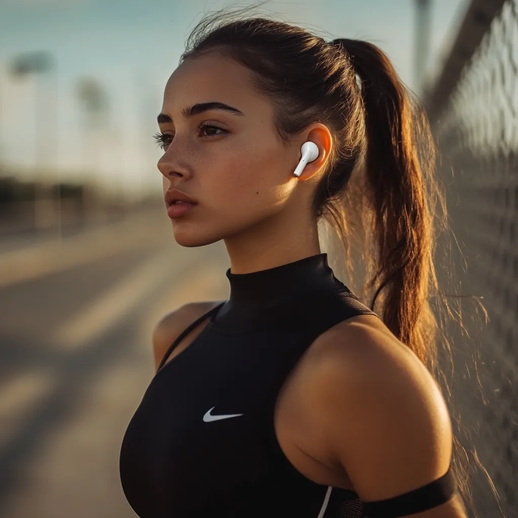 Here's a description of the image:

A young woman with tanned skin and dark brown hair pulled back in a high ponytail, is the focus of a close-up outdoor shot. She's wearing a black Nike athletic top and a white wireless earbud in her right ear. Her expression is serious and contemplative, her gaze directed to the left,  suggesting she's lost in thought or focused on something in the distance. The background is blurred but shows a road and a metal fence, indicating an outdoor setting, possibly a park or running track. The overall mood is one of athleticism and quiet determination. The lighting suggests it's likely late afternoon or early evening.