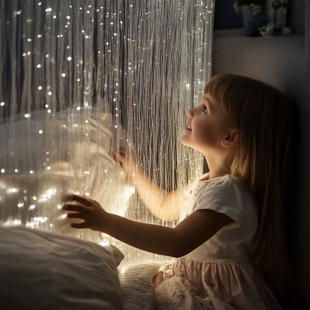 A young girl with blonde hair sits beside a fiber optic curtain, its strands glowing softly. She looks up with wonder, her hands gently touching the illuminated threads.  The warm light casts a magical ambiance on her face and the bed, creating a serene and captivating scene.  The overall mood is one of peaceful enchantment.
