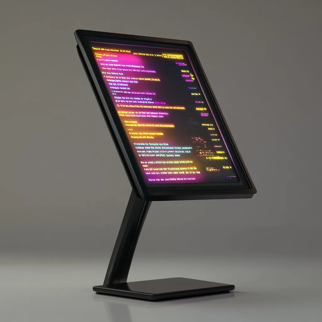 A sleek, black digital display stands on a small base. Its screen shows lines of code in vibrant pink, yellow, and orange hues, resembling a futuristic menu or information board.  The text is dense and illegible at this distance, suggesting complex data or programming.  The overall design is modern and minimalist, with a clean, dark aesthetic. The stand is angled slightly towards the viewer, highlighting the illuminated screen.