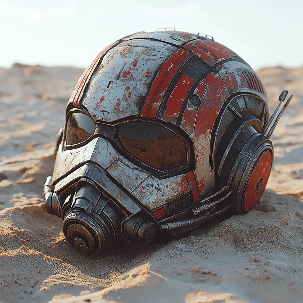 A weathered, futuristic helmet rests in the sand.  Primarily grey and white, with streaks of faded red, the helmet shows signs of significant wear and tear.  Its design is complex, incorporating goggles, a respirator-like lower face, and small antennae.  The background suggests a desert landscape, bathed in soft, warm light.  The overall impression is one of abandonment and a post-apocalyptic or sci-fi setting.