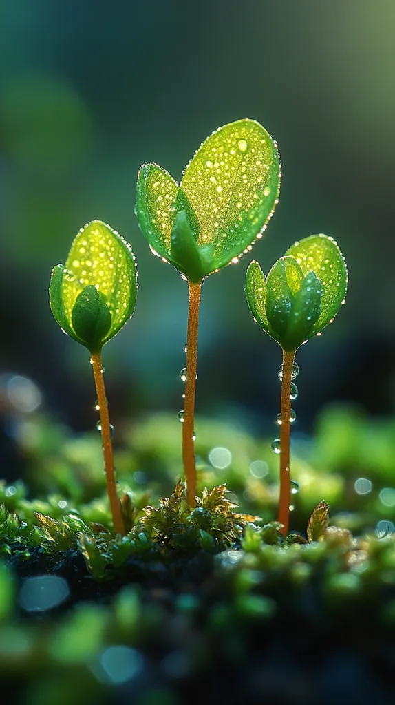 Here's a description of the image:

Three delicate, young plants sprout from a bed of moss.  Their vibrant green leaves, glistening with water droplets, are the focal point, sharply in focus against a softly blurred background of greens and browns. The stems are slender and reddish-brown, conveying a sense of fragility and new life. The overall impression is one of serene beauty and the wonder of nature's delicate beginnings.  The lighting suggests either early morning or late afternoon sun.