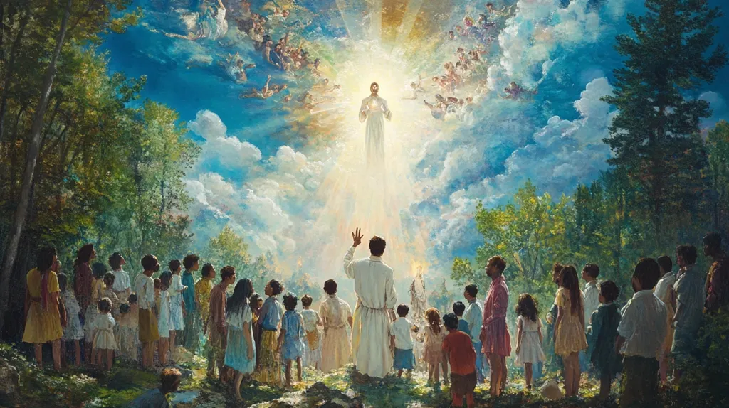 A vibrant painting depicts a heavenly scene.  Jesus, radiant in white, ascends into a bright, cloud-filled sky, surrounded by angels. Below, a diverse group of people, men, women, and children, stand in awe, gazing upward. Lush green trees and a bright blue sky form a serene backdrop to this powerful religious image, suggesting a moment of revelation or ascension. The overall impression is one of hope, faith, and spiritual transcendence.