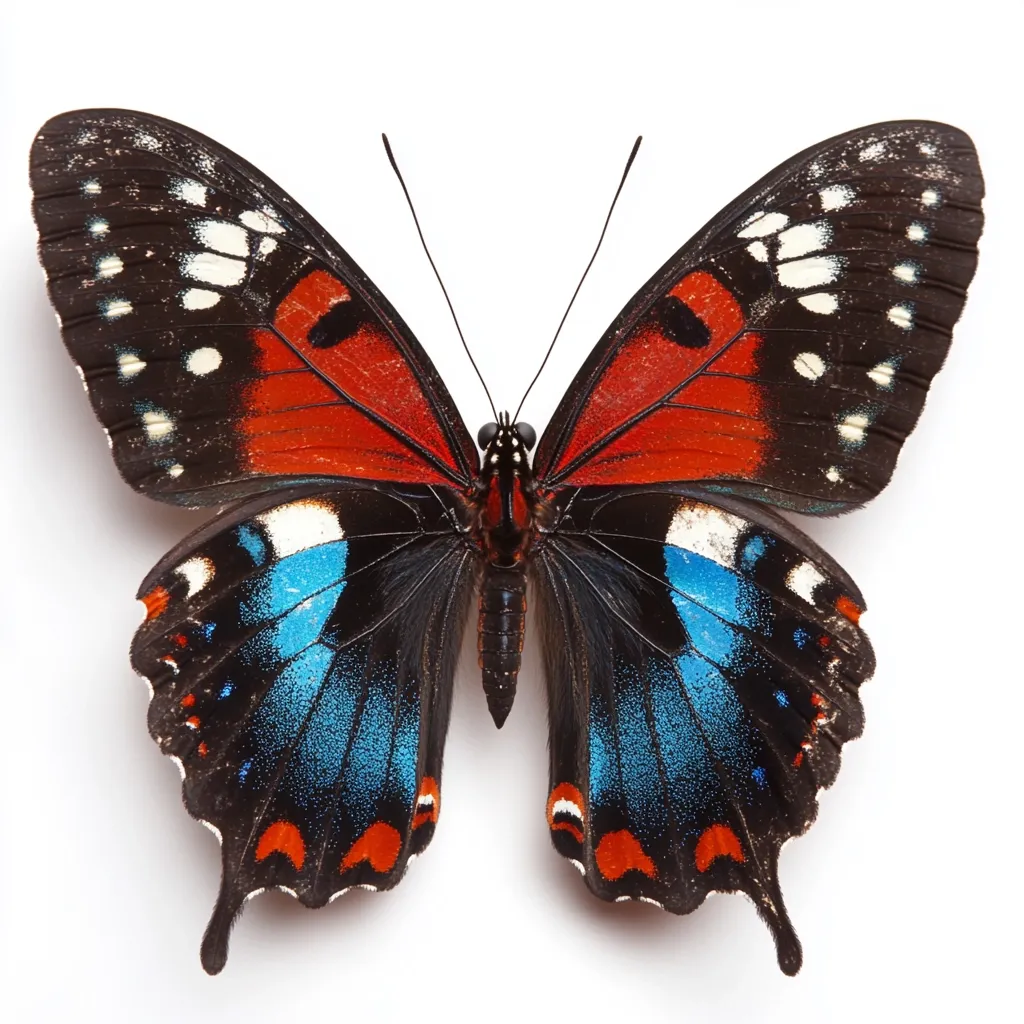 A vibrant butterfly, viewed from above, is displayed against a stark white backdrop.  Its wings showcase a striking pattern: a rich, reddish-orange base, punctuated by black markings and bordered by striking teal blue sections, accented with smaller red details along the edges.  The butterfly's body is dark, and its antennae are clearly visible extending from its head. The overall impression is one of vivid color and intricate detail.