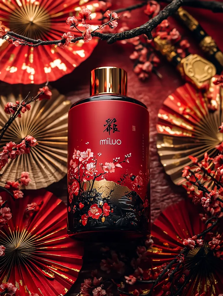 A dark red bottle of Miluo brand bath product is the centerpiece of this image.  The bottle features elegant gold and black Asian-inspired artwork of blossoming branches and a mountain scene.  It's surrounded by vibrant red paper fans and delicate, blooming branches, creating a luxurious and festive atmosphere, suggestive of a Chinese New Year celebration. The overall aesthetic is rich, opulent, and highly stylized.