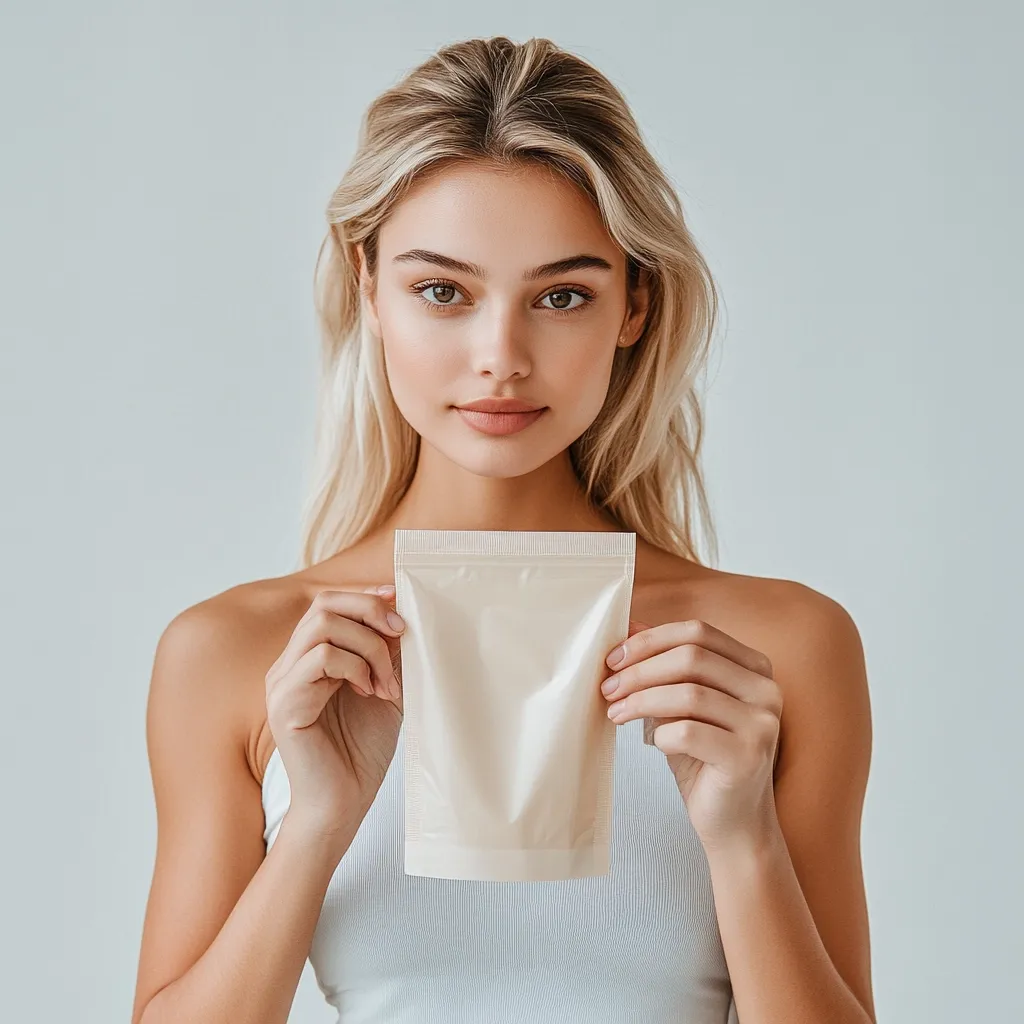 A young woman with long blonde hair holds a blank, light beige pouch in front of her chest.  She's wearing a light gray, sleeveless top and has minimal makeup. Her expression is neutral, directly facing the camera. The background is a plain light gray, keeping the focus on the woman and the product.  The image is clean and bright, likely for advertising or product showcasing purposes.