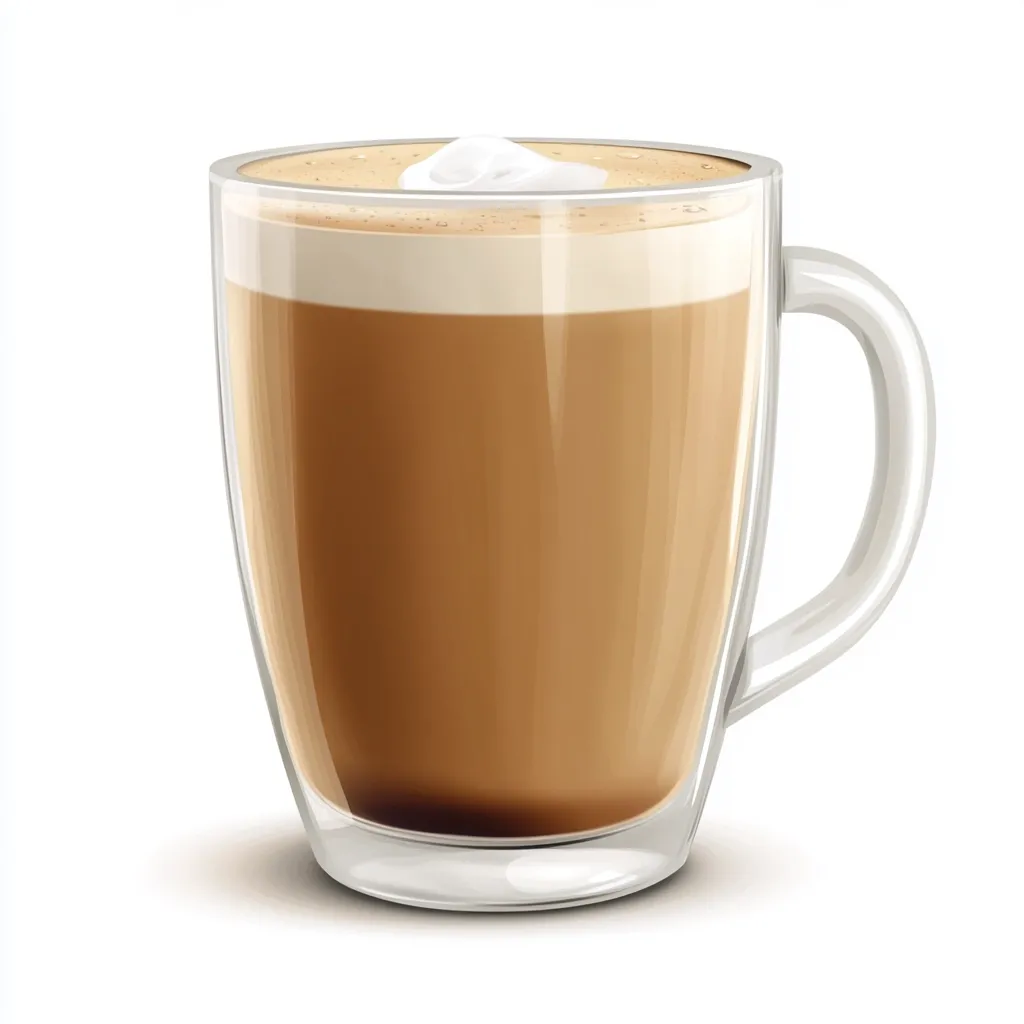 Here's a description of the image:

A digital illustration showcases a glass mug filled with a light brown beverage, possibly a latte or cappuccino.  A small dollop of white foam sits atop the drink. The mug is transparent, revealing the drink's depth and a hint of darkness at the bottom.  The glass has a curved shape and a clear handle. The image is set against a stark white background, emphasizing the drink.  The lighting is even, creating a smooth, clean aesthetic.