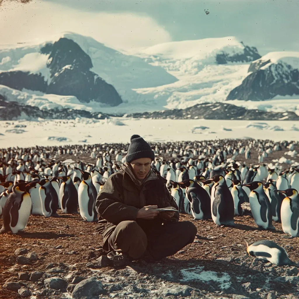 A man in a dark brown jacket and knit cap sits cross-legged on the ground amidst a large colony of King penguins.  He appears to be writing or drawing in a notebook. The scene is set against a dramatic backdrop of snow-capped mountains under a bright, somewhat hazy sky. The overall impression is one of solitude and scientific observation in a remote Antarctic setting.