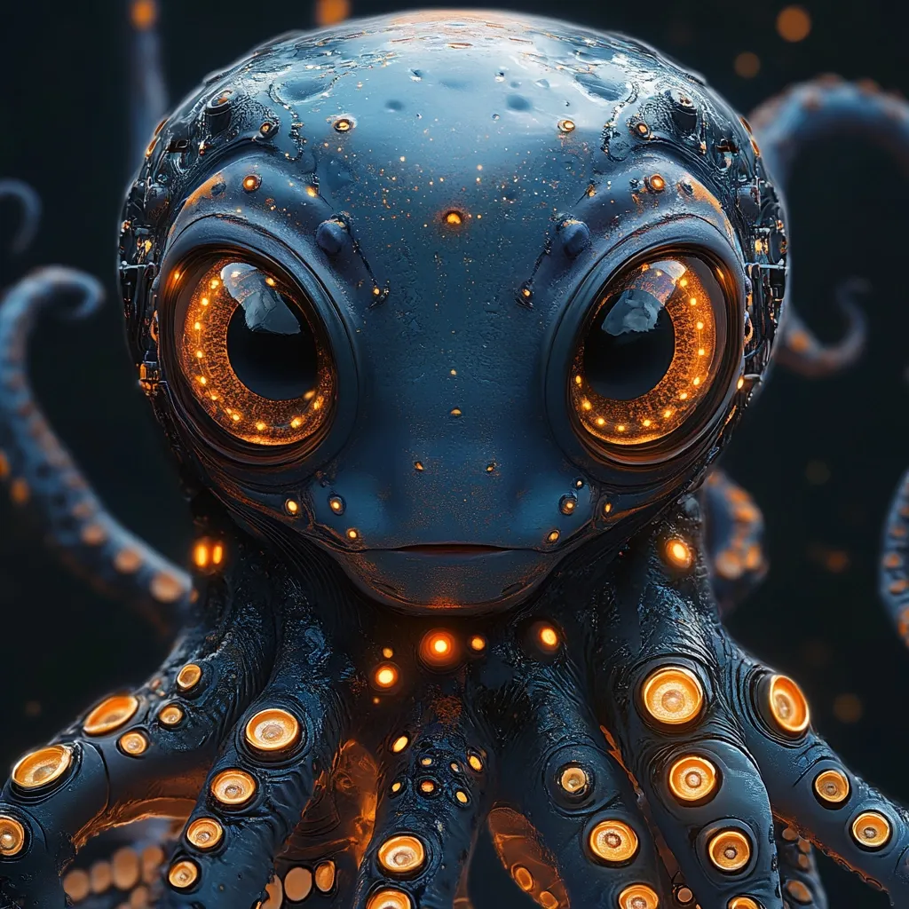 Here's a description of the image:

The image shows a close-up of a stylized, robotic octopus. Its body is dark blue-grey, almost black, with a smooth, almost metallic texture.  Large, expressive eyes are encircled by glowing orange lights, giving it a cute, yet slightly unsettling appearance.  The octopus's arms are adorned with similar glowing circular details. The background is dark and blurry, drawing attention to the intricate detail of the creature. The overall aesthetic blends organic and mechanical elements, suggesting a futuristic or fantasy creature.