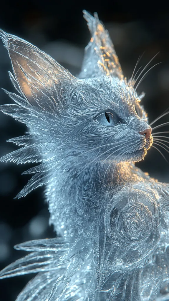 The image showcases a stylized feline, seemingly sculpted from ice or a crystalline substance.  Its fur is rendered with intricate, almost feather-like detail, giving it a delicate, ethereal quality.  The cat's pose is regal, its head slightly turned, and its eye is a striking, bright blue.  The background is dark, enhancing the luminous effect of the sculpted creature, creating a mystical and captivating scene.  The overall effect is one of elegant fragility and otherworldly beauty.