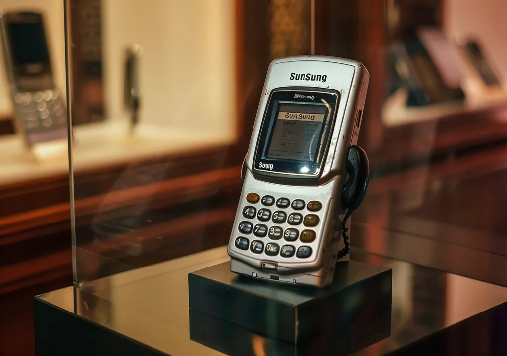 A vintage Samsung SCH-100 mobile phone is displayed in a glass case.  The silver phone, with a small monochrome screen showing the Samsung logo, sits on a black stand.  Its keypad is clearly visible, showcasing its dated design.  The background is blurred, suggesting a museum or display setting with other out-of-focus electronic devices. The overall image evokes nostalgia for early mobile phone technology.