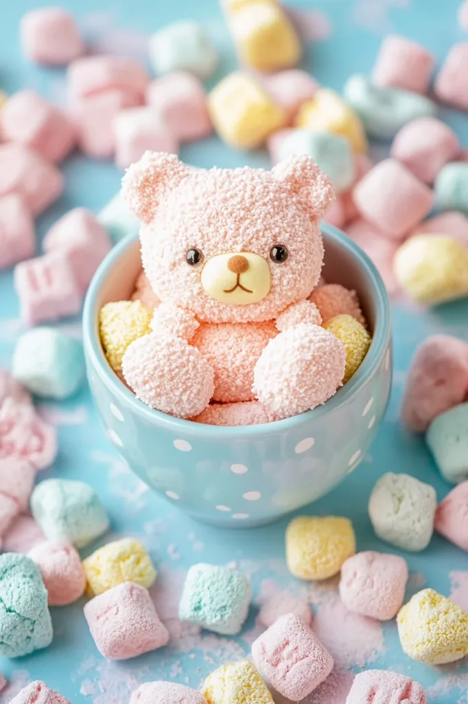 Here's a description of the image:

A pastel-pink marshmallow teddy bear sits nestled in a light-blue, polka-dotted cup filled with pastel-colored marshmallows.  The cup rests on a blue surface scattered with more similarly hued square marshmallows in shades of pink, yellow, and light blue/green.  The overall scene is soft, sweet, and visually appealing, suggesting a whimsical, confectionery theme. The teddy bear is the central focus, surrounded by a delightful cloud of sugary treats.