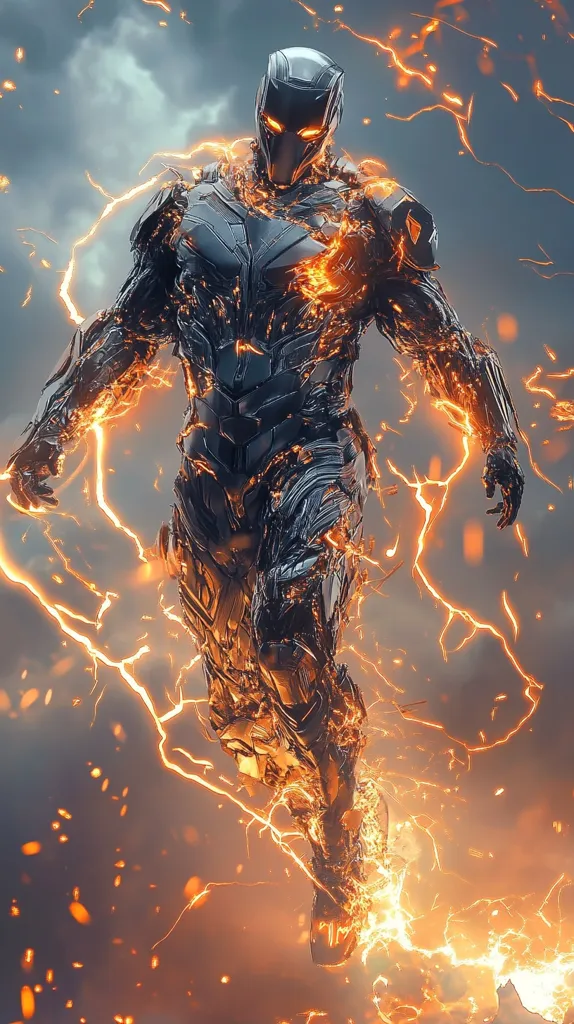 The image depicts a powerful, futuristic warrior clad in dark, metallic armor.  The suit appears to be partially molten or energy-charged, glowing with intense orange and yellow hues.  Arcing bolts of electricity crackle around the figure, adding to its dynamic energy. The background is a stormy sky, contrasting with the fiery essence emanating from the warrior's suit, creating a dramatic and visually stunning scene. The overall impression is one of immense power and otherworldly might.