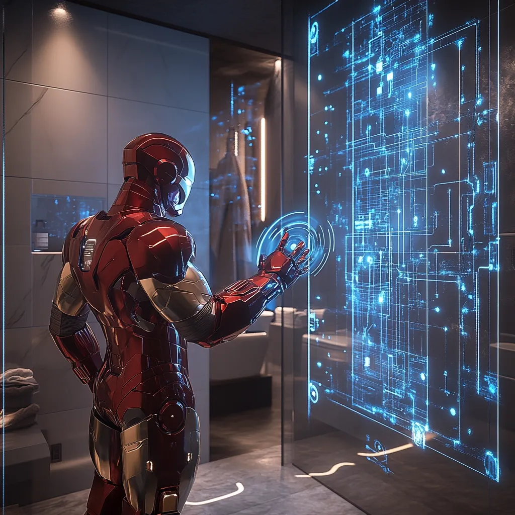 The image depicts Iron Man, viewed from behind, standing in a sleek, modern bathroom.  He interacts with a large, transparent screen displaying intricate blue digital schematics.  The screen seems to be embedded in the bathroom wall.  The overall scene is dark and futuristic, highlighting the contrast between the metallic Iron Man suit and the minimalist bathroom design. The scene suggests advanced technology integrated seamlessly into daily life.