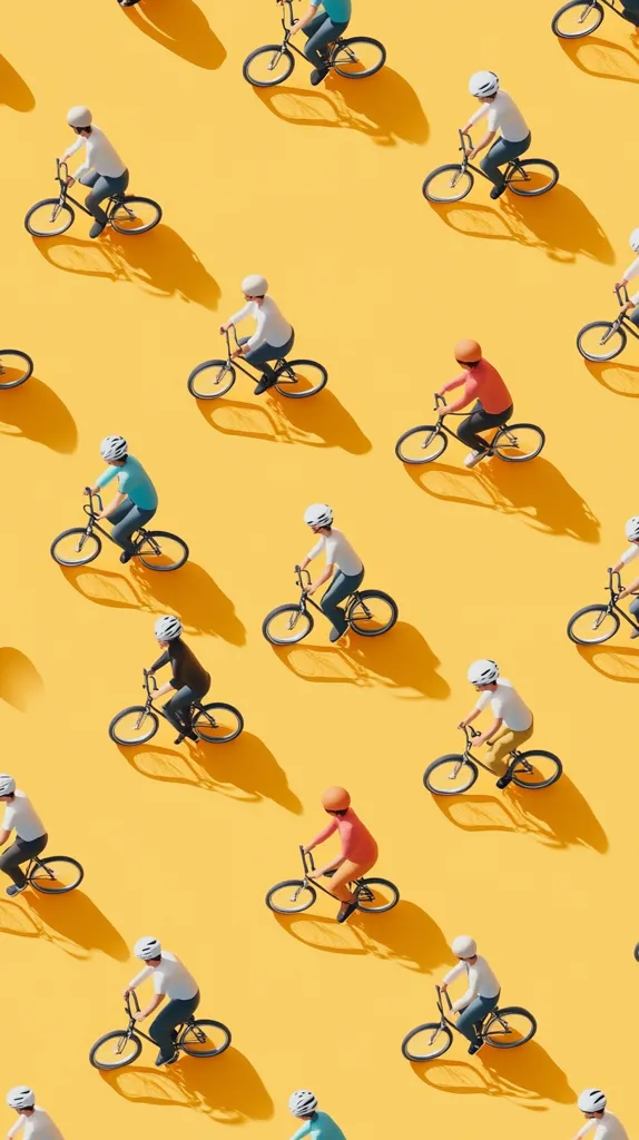 Here's a description of the image:

The image shows a repeating pattern of stylized figures riding bicycles against a vibrant yellow background. Each figure is depicted in a minimalist style, wearing a helmet and casual clothing in varying colors.  The bicycles are simple, and the overall aesthetic is clean and graphic. The shadows cast by the cyclists and their bikes add depth and dimension to the flat design. The repetitive nature of the composition creates a sense of uniformity and movement, suggesting a continuous cycle or a group activity.