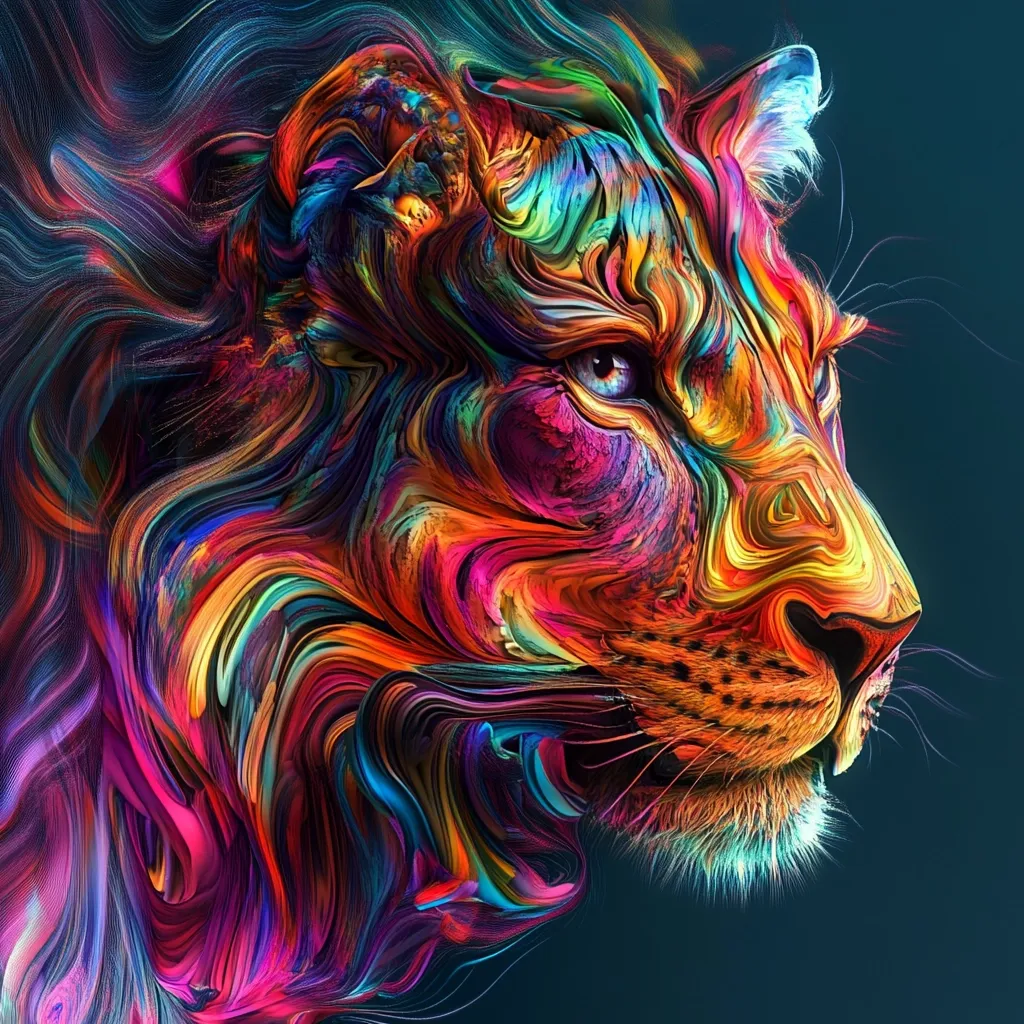 The image is a vibrant, abstract portrait of a lion's head and shoulders.  The lion is rendered in swirling, dynamic strokes of intensely saturated colors—reds, oranges, pinks, blues, greens, and purples—creating a fluid, almost painterly effect.  The mane is particularly striking, a chaotic explosion of color that contrasts with the more realistically rendered muzzle and whiskers.  The overall impression is one of power, beauty, and artistic energy.