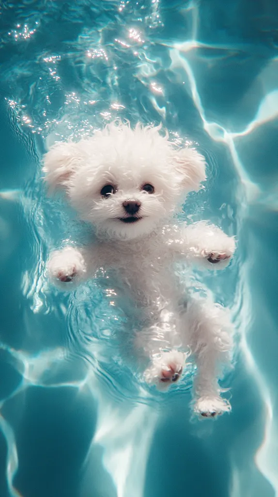 A fluffy white puppy, possibly a Bichon Frise, is captured mid-swim in a clear blue pool.  The water is rippling gently around the dog, its fur slightly dampened. The puppy's expression is serene, its paws extended as it floats effortlessly.  The overall image is bright, cheerful, and evokes a sense of carefree summer fun.
