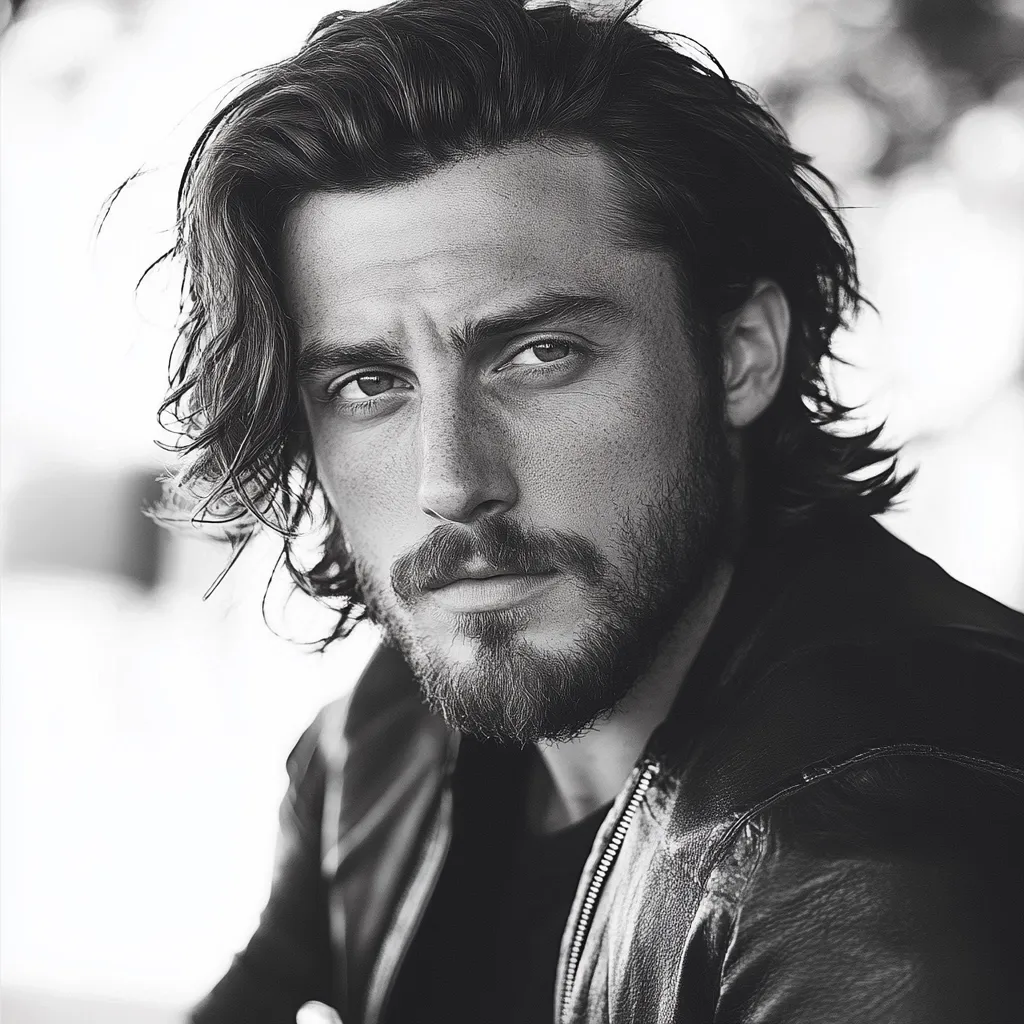 Here's a description of the image:

The black and white close-up shot features a man with long, wavy hair that falls past his ears.  He has a full beard and mustache, and his expression is serious and intense. His face is slightly freckled, and his eyes are captivating. He’s wearing a leather jacket, adding to a rugged and somewhat brooding aesthetic. The background is blurred and out of focus, drawing attention solely to the man’s features. The overall mood is moody and stylish.