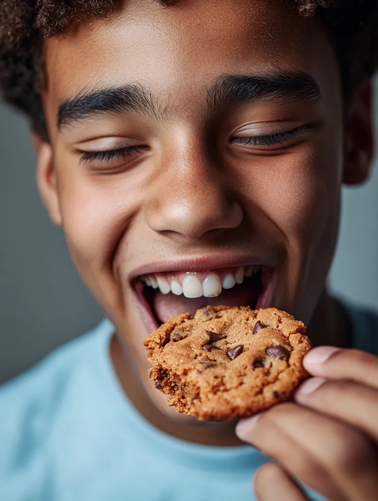 Close-up view of a young, dark-skinned boy with his eyes closed in enjoyment as he takes a large bite from a chocolate chip cookie.  His mouth is open, revealing his teeth and a happy expression.  He's wearing a light blue shirt, and his dark hair is slightly tousled. The focus is sharply on the cookie and the boy's face, highlighting the pleasure of the moment.