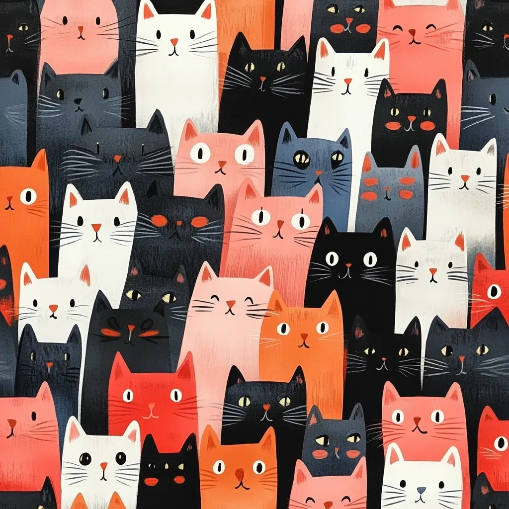 A dense crowd of stylized cats fills the image.  The cats are depicted in various shades of pink, orange, red, white, and black, creating a vibrant, colorful pattern.  Their simplified features and slightly cartoonish appearance contribute to a whimsical and playful aesthetic.  The cats are densely packed together, creating a sense of playful chaos and overwhelming cuteness. The overall style suggests a digital illustration or print design.