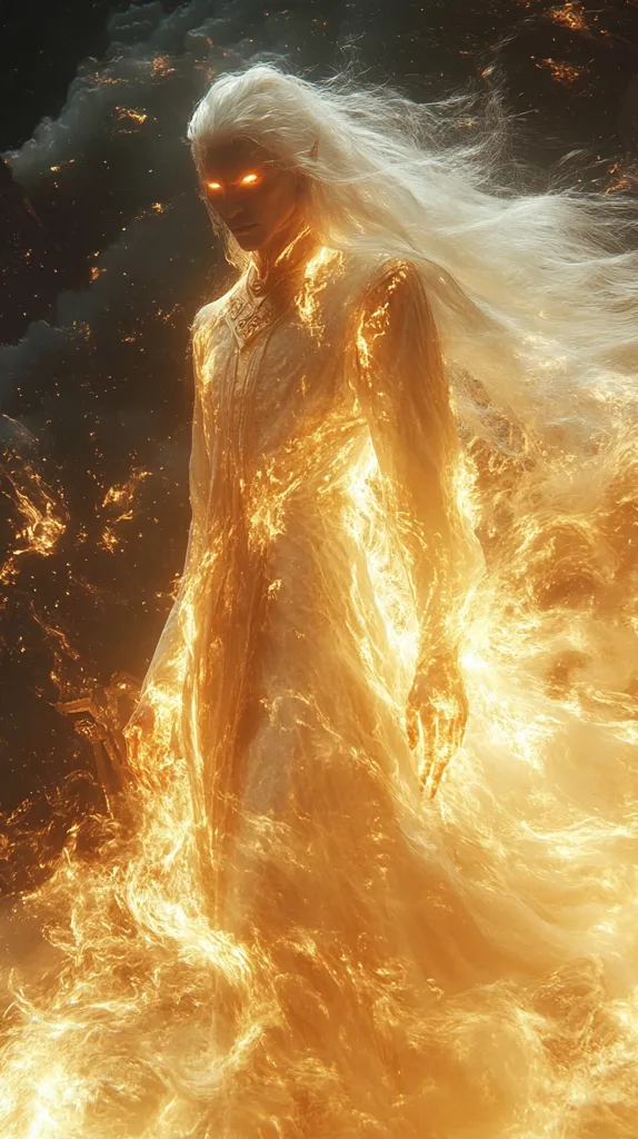 The image depicts a striking figure, seemingly an ethereal being or deity, cloaked in flames.  Long, flowing white hair contrasts with glowing, fiery orange skin.  The figure's eyes are intensely bright, adding to its otherworldly aura. The overall impression is one of power and mystical energy, with the fire swirling around the figure, suggesting a connection between the being and the flames. The dark background enhances the figure's luminescence.
