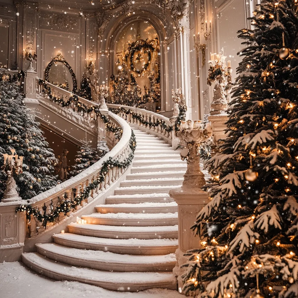 A grand, snow-dusted staircase in a palatial setting is adorned with Christmas decorations.  Garlands of greenery and warm fairy lights drape the ornate balustrade, while several decorated Christmas trees stand nearby, adding to the festive ambiance.  Snow gently falls, enhancing the magical, winter wonderland scene.  The opulent interior, featuring classical architecture and ornate details, exudes elegance and charm.  The overall impression is one of luxurious Christmas festivity.