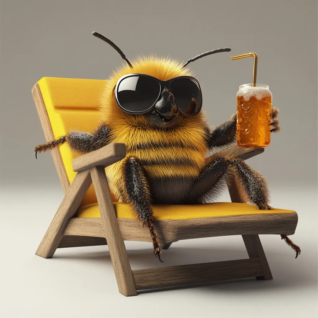 A furry, anthropomorphic bumblebee, sporting black sunglasses, relaxes in a yellow wooden deck chair.  It holds a small glass of amber liquid with a straw, enjoying a carefree moment. The bee's expression is one of contentment, its legs comfortably positioned on the chair's arms. The background is a muted gray, focusing attention on the whimsical scene. The image is digitally rendered, showcasing realistic fur texture and lighting.
