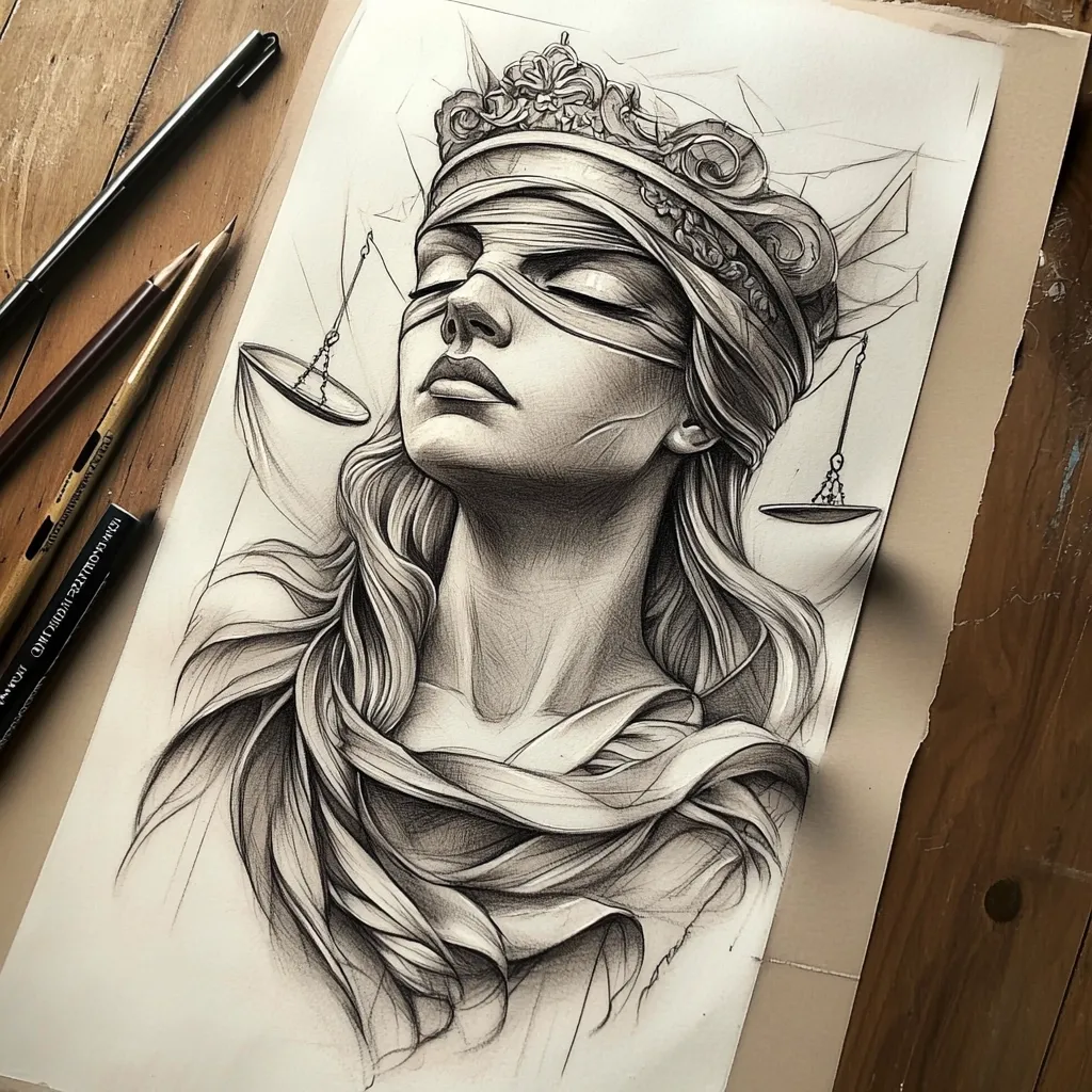 Here's a description of the image:

A detailed charcoal drawing depicts a serene woman, reminiscent of Lady Justice, crowned and blindfolded. Her eyes are closed, and her expression is peaceful.  Long flowing hair cascades around her shoulders. Scales of justice hang subtly beside her head, completing the allegorical representation. The artist's skillful shading creates a dramatic sense of depth and texture, enhancing the ethereal beauty of the subject. The drawing rests on a wooden surface, with pencils visible nearby.  The overall style is realistic, with a hint of fantasy.
