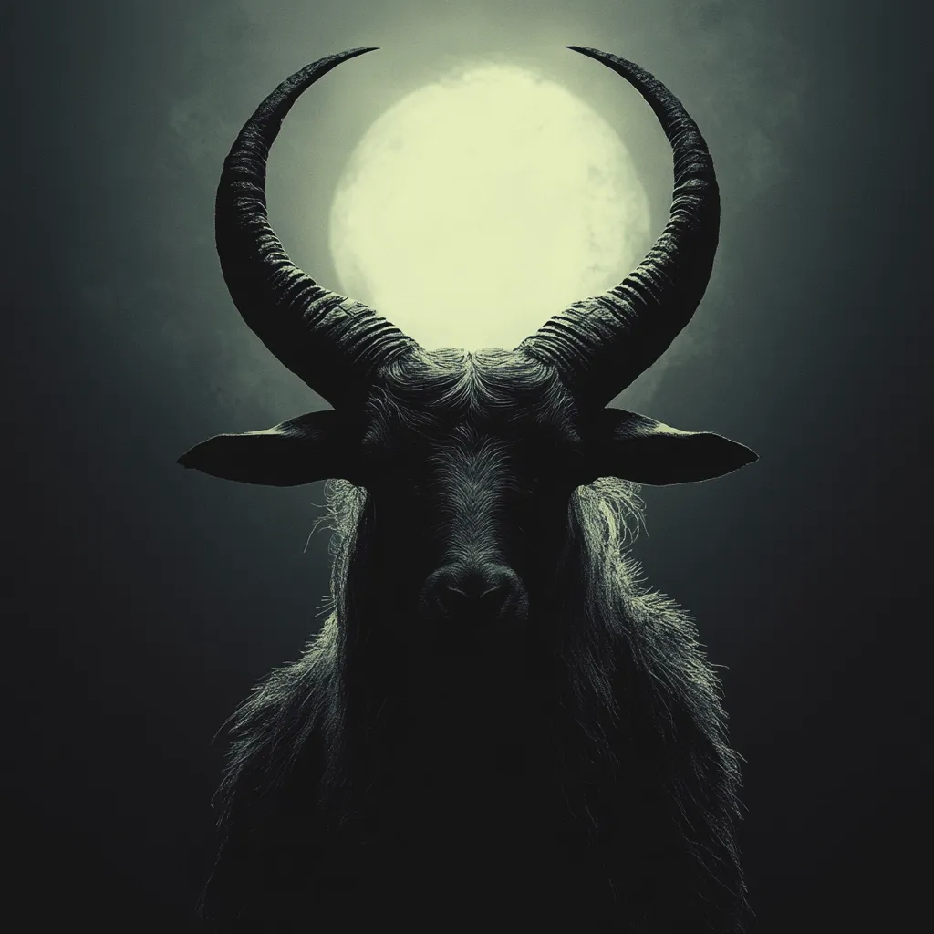 Here's a description of the image:

The image depicts a dark, imposing figure resembling a black goat or demonic entity.  Its large, curved horns frame a full moon in the background, creating a dramatic silhouette against a shadowy night sky. The creature's face is partially obscured, adding to its mysterious and ominous aura. The overall mood is dark, foreboding, and suggestive of occult or supernatural themes. The contrast between the bright moon and the dark creature is stark and visually striking.