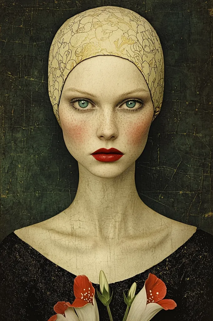 A stylized portrait of a woman, possibly a digital painting, dominates the image. She wears a pale, patterned swim cap or bonnet and a dark, simple dress. Her pale skin is detailed with freckles, and she has striking green eyes and red lips. Her expression is serious and somewhat melancholic. The background is a textured, dark green, adding to the painting's overall vintage or antique aesthetic. A cluster of red and white flowers rests near her chest, adding a touch of color and life. The style evokes a blend of classical portraiture and contemporary digital art techniques.