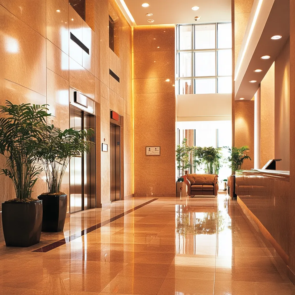 Here is a description of the image:

The photograph showcases a luxurious and spacious lobby, possibly in a hotel or upscale office building.  The walls and floors are finished in polished, light brown marble, creating a warm and elegant atmosphere. Two elevators are visible, flanked by large potted plants.  A seating area with a leather armchair is centered in the space, facing a large window that floods the area with natural light.  A reception desk, partially visible on the right, completes the scene, highlighting the high-end ambiance of the building. The highly polished floors reflect the light and architectural features, enhancing the sense of space and sophistication.