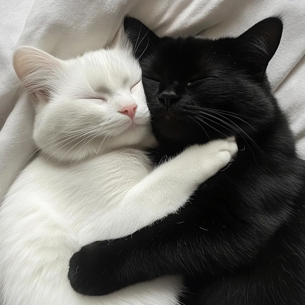 Here's a description of the image:

A heartwarming close-up captures a black cat and a white cat nestled together in an embrace. The white cat, with its eyes closed, has its paws gently wrapped around the black cat. The black cat, also with closed eyes, reciprocates the affection.  Both cats appear relaxed and peaceful, their soft fur contrasting beautifully against each other and a light-colored bedding. The image evokes a sense of tranquility and companionship.