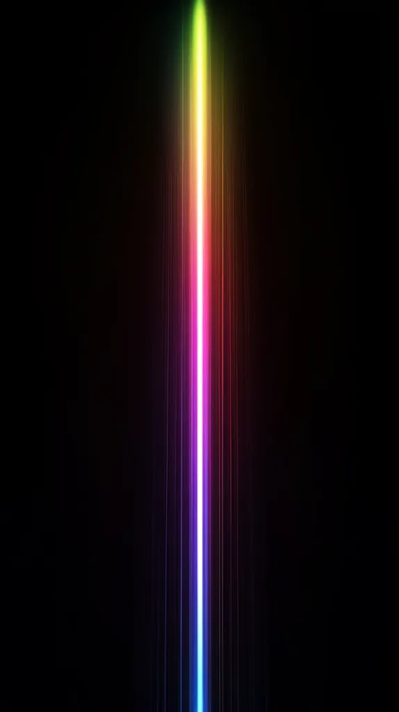 The image shows a vibrant, vertical beam of light against a pitch-black background.  The beam is multicolored, displaying a spectrum of colors reminiscent of a rainbow, with shades of red, orange, yellow, green, blue, and purple prominently visible.  Fine, almost imperceptible vertical lines flank the central beam, adding depth and texture to the effect. The overall impression is one of energy, dynamism, and otherworldly luminescence.