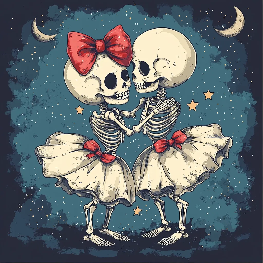 Here's a description of the image:

The illustration depicts two skeleton figures, seemingly female, embracing under a starry night sky.  They wear ruffled, cream-colored dresses adorned with red bows and are drawn in a vintage style reminiscent of Dia de los Muertos imagery.  Their skeletal structures are detailed, and they hold each other close. The background is a textured dark blue with splatters, suggesting a cosmic or night-time setting, accented with stars and crescent moons. The overall tone is both whimsical and slightly melancholic.