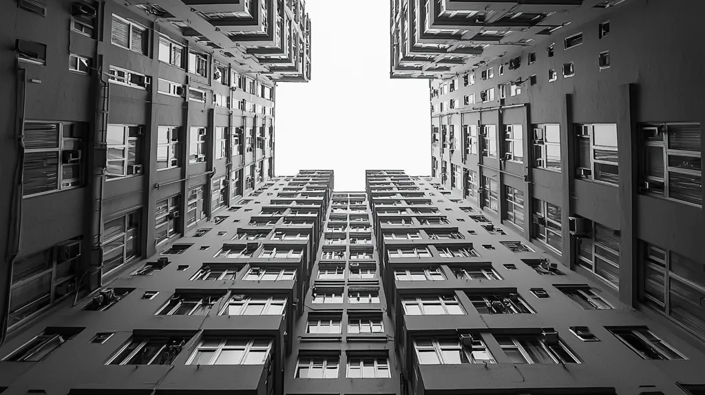Here's a description of the image:

The black and white photograph showcases a dramatic low-angle view of a towering residential building, its numerous windows and balconies forming a geometric pattern.  The building's architecture creates a strong sense of verticality, emphasized by the converging lines of the structure leading towards a bright, white sky. The image's stark contrast and monochromatic palette amplify the architectural details and create a feeling of both confinement and awe. The perspective suggests the viewer is standing in a narrow space between the building's wings, looking upwards.