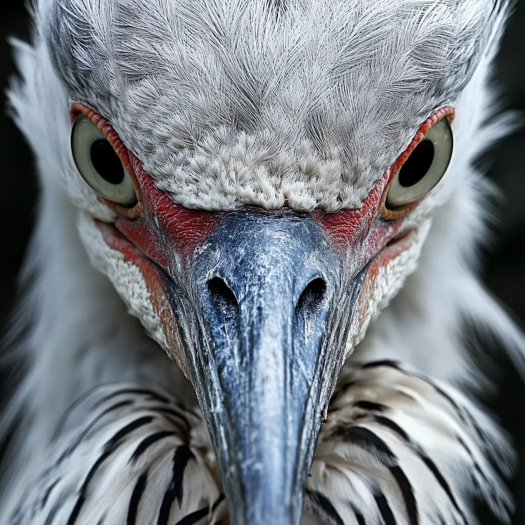 Here's a description of the image:

Close-up view of a bird's head and upper neck, filling the entire frame. The bird appears to be a type of crane or similar large wading bird. Its plumage is predominantly white and gray, with intricate detailing visible in the feathers. The bird's beak is a striking feature, a dark bluish-gray with a reddish band around the base. The eyes are large, dark, and intensely focused, giving the bird an alert and perhaps somewhat aggressive expression. The overall texture is rough, emphasizing the bird’s feathers and the beak's slightly weathered appearance. The background is dark and blurred, drawing all attention to the bird.