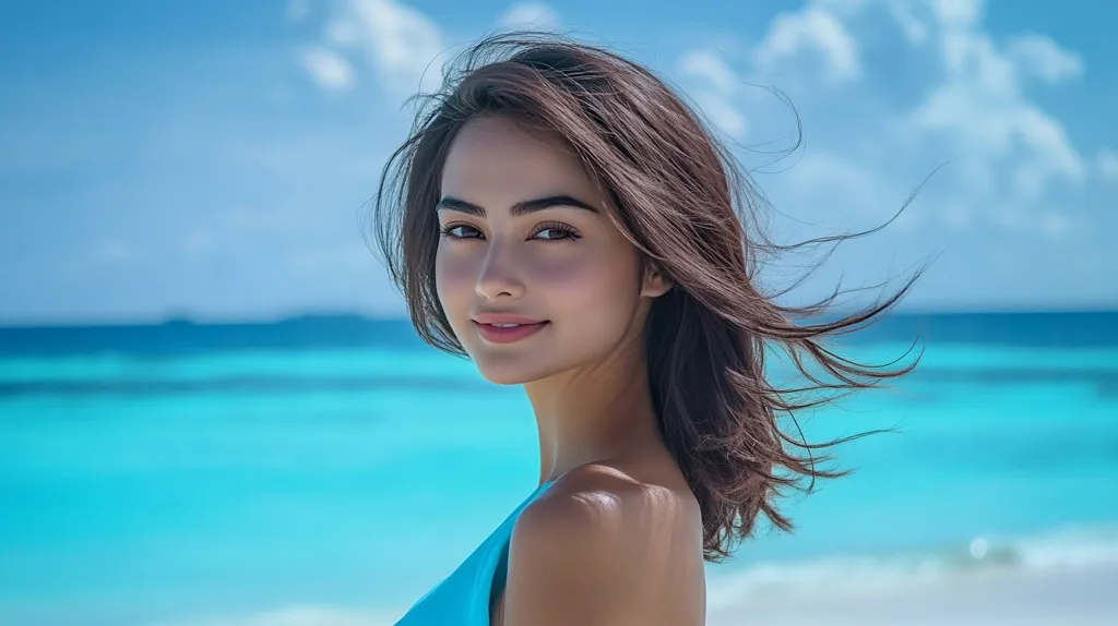 A young woman with long, dark brown hair looks over her shoulder at the camera.  Her hair is slightly windblown, suggesting a beach setting.  She has a warm smile and clear skin.  The background is a vibrant turquoise ocean with a clear sky, suggesting a tropical paradise.  She's wearing a teal swimsuit top. The overall mood is serene and beautiful.