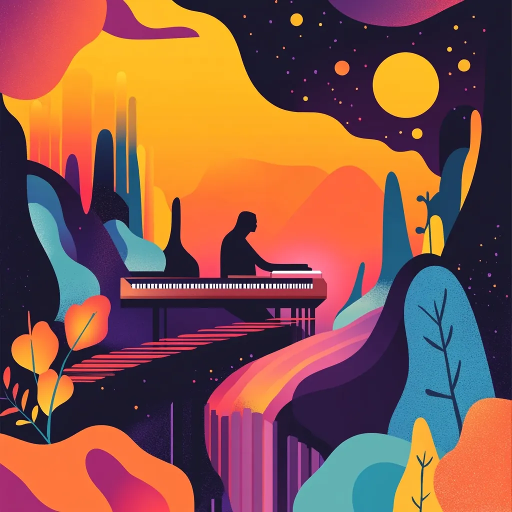 Here's a description of the image:

The artwork is a vibrant, abstract depiction of a lone figure seated at a grand piano. The pianist is silhouetted against a warm, sunset-like background of oranges and yellows, which contrasts with a cooler, darker night sky above filled with stars and a large yellow moon. The piano sits atop a stylized, cascading waterfall or landscape element that flows into a colorful, almost floral-like arrangement of shapes and forms. The overall style is modern and surreal, with bold colors and fluid shapes creating a dreamlike atmosphere. The composition is balanced, with the pianist as the central focus, surrounded by a lively and dynamic environment.