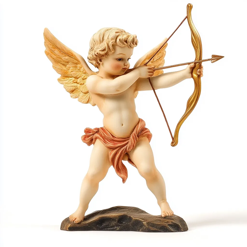 Here is a description of the image:

The image shows a cherubic figurine, possibly Cupid, poised to shoot an arrow from a bow.  He has golden wings and is depicted with a youthful, cherubic face. The figurine is light-skinned with rosy cheeks and is wearing a short, reddish-orange cloth around his waist. The bow is gold, and the arrow is pointed towards the right. The figurine stands on a small, dark brown base that resembles a rock.  The overall style is classical, possibly inspired by Renaissance art. The figure appears to be crafted from wood or a similar material.