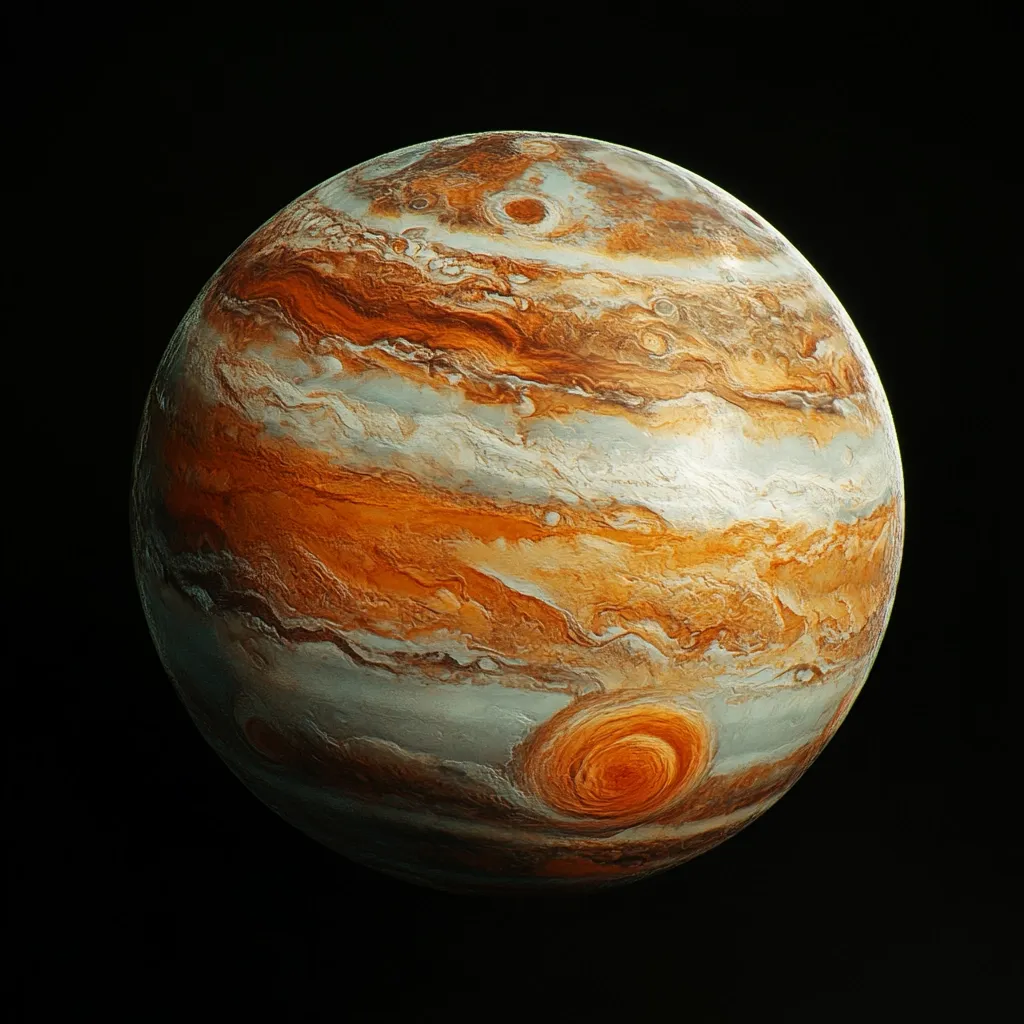 The image showcases a detailed rendering of Jupiter, the largest planet in our solar system.  Its swirling bands of orange, brown, and beige clouds are strikingly visible, punctuated by lighter-colored zones.  The Great Red Spot is subtly hinted at near the bottom, a smaller, similar-colored swirling feature.  The planet is sharply defined against a completely black background, emphasizing its texture and atmospheric details. The overall impression is one of immense scale and dynamic atmospheric activity.