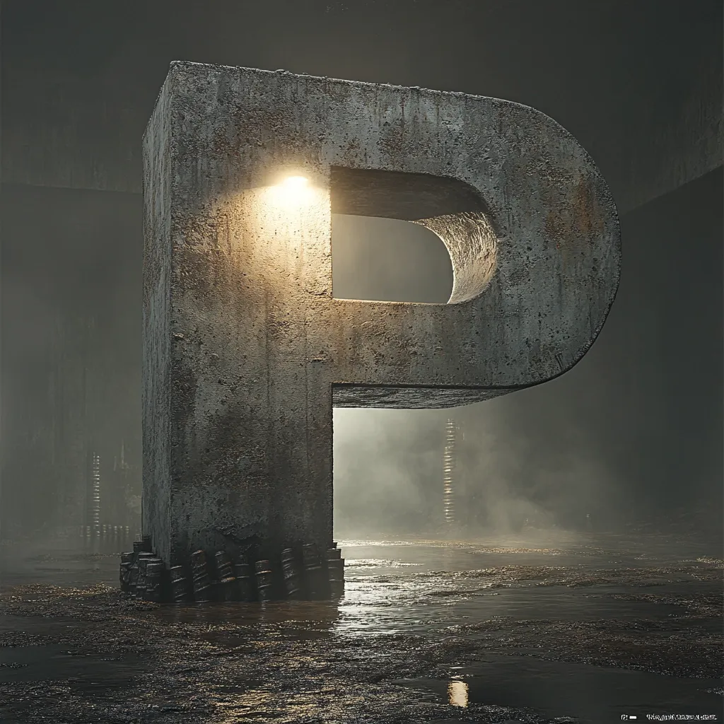 Here's a description of the image:

The image showcases a large, monolithic letter "P" sculpted from weathered, grey concrete. It stands in a dimly lit, possibly post-apocalyptic or industrial setting, partially submerged in murky water. A single, warm light source illuminates the interior of the "P," casting a soft glow. The base of the letter rests on a pile of cylindrical objects, possibly barrels or containers. The overall atmosphere is dark, moody, and slightly mysterious, with a hint of desolation.  The scene evokes a feeling of isolation and perhaps even abandonment.