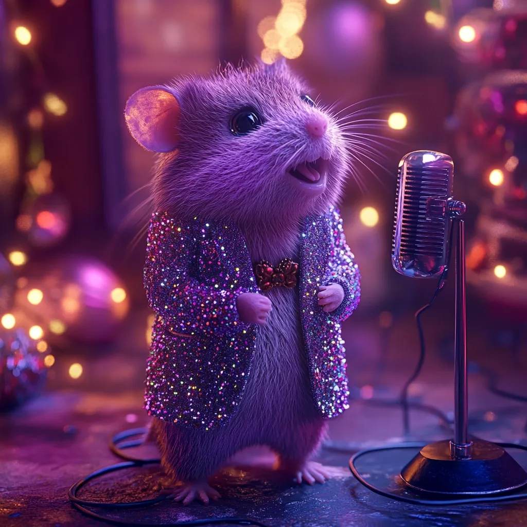 A charming, fluffy hamster, dressed in a glittering purple jacket and bow tie, stands poised before a vintage microphone.  The festive backdrop is awash in warm purple and gold bokeh, suggesting a Christmas setting. The hamster's expression is one of joyful anticipation, ready to sing its heart out. The overall mood is whimsical and celebratory, a delightful blend of cuteness and festive spirit.