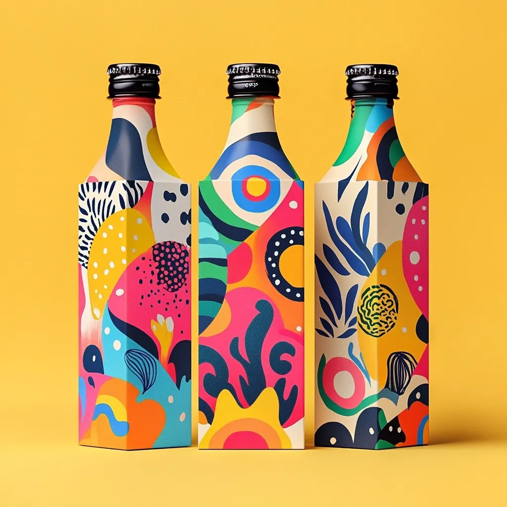 Three bottles stand against a yellow background.  Each bottle features a unique, vibrant design; a bold, abstract pattern in bright colors—pinks, yellows, blues, and greens—covering the entire surface. The patterns are a mix of organic and geometric shapes, creating a playful, modern aesthetic. The bottles are identical in shape, suggesting a product line, possibly for juice or oil.  The black screw-top caps provide a subtle contrast to the explosion of color on the bottles.